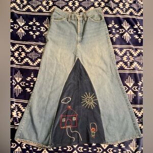 OOAK 70s Denim Jean Long Skirt made from Jeans Embroidered Panel size 34 waist